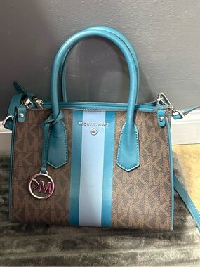 Michael Kors Brown MK Signature Satchel with Aqua Blue Stripes